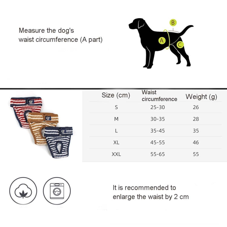 Striped dog physiological pants with size chart showing waist circumference and weight