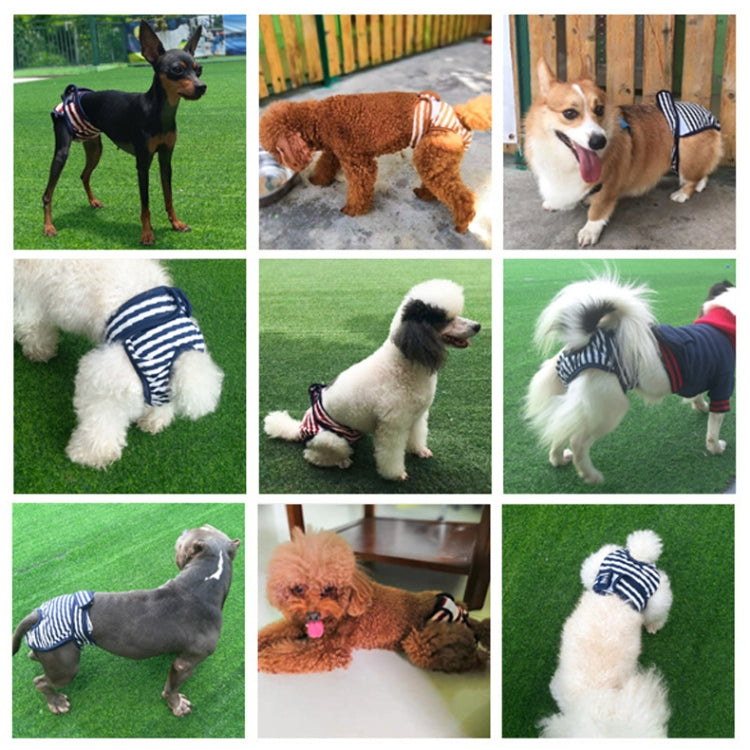 Assorted striped dog physiological pants worn by dogs in multiple colors