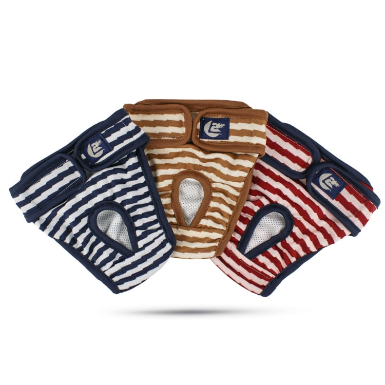 Striped dog physiological pants set: navy, brown, and red with mesh panels