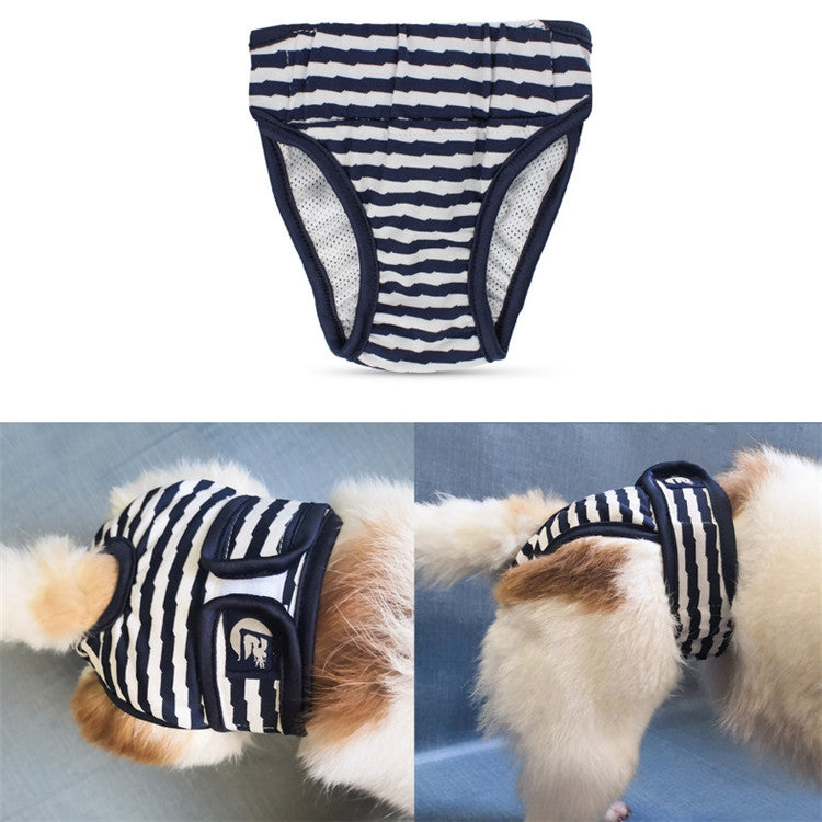 Striped dog physiological pants in navy and white, front view with leg openings