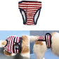Red and white striped dog menstrual pants with dark trim, elastic legs, and mesh panel