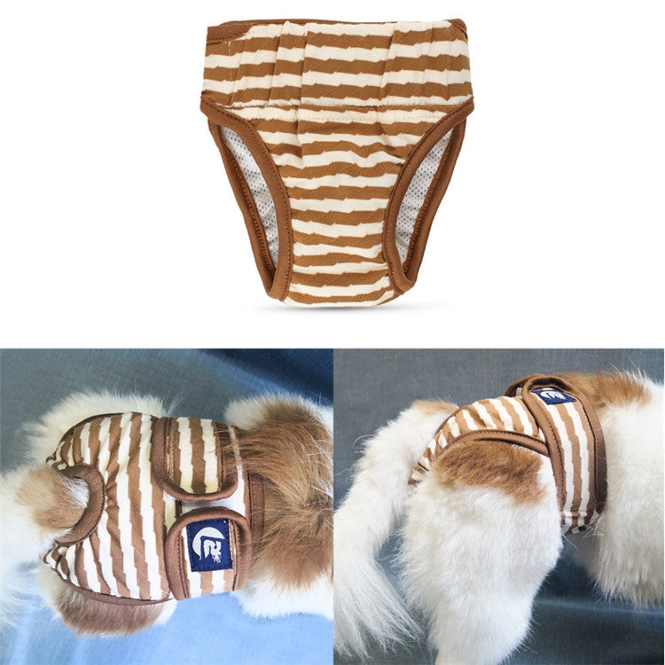 Brown and white striped dog menstrual pants with dark trim, elastic legs, and mesh panel