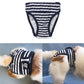 Navy and white striped dog belly wrap with elastic openings and logo patch on dog