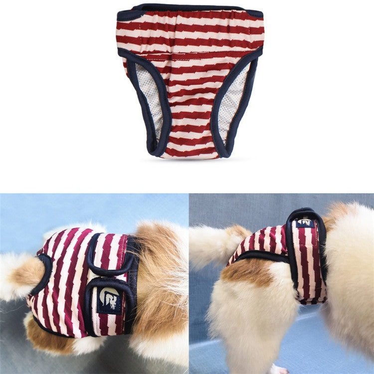 Red and white striped dog menstrual pants with elastic legs and a logo patch on dog