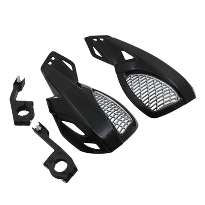 Black motorcycle handguard protector set with vented metal mesh inserts and mounts