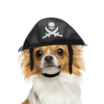 Pirate hat for pets, black with white skull-and-crossed-swords patch and hanging tassels