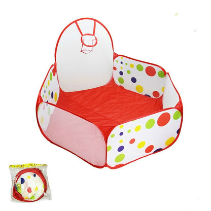 Folding portable baby ball pool with red base, white panels, and colorful polka dots