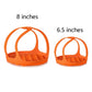 Orange silicone steamer egg cooker basket, 8-inch and 6.5-inch sizes shown