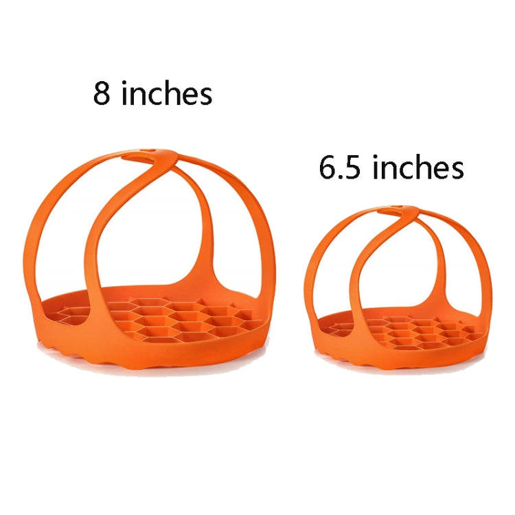Orange silicone steamer egg cooker basket, 8-inch and 6.5-inch sizes shown