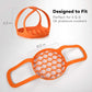 Orange silicone steamer egg cooker basket with hex-pattern tray and carrying loop