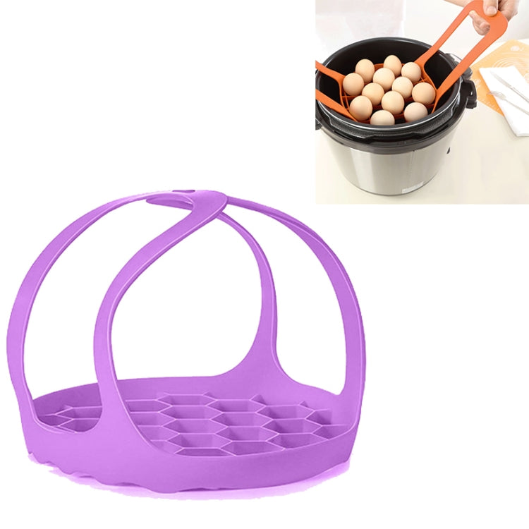 Purple silicone steamer egg cooker basket with arched handle and raised egg tray