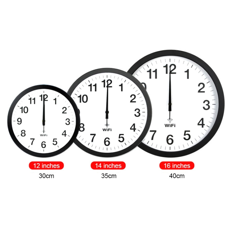 Set of WiFi wall clocks in 12, 14, and 16 inch sizes with black markings