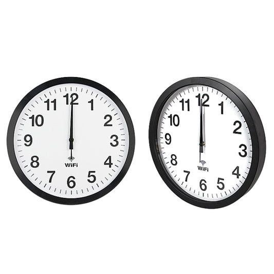 WiFi wall clocks with black frames and white faces, black hour and minute hands
