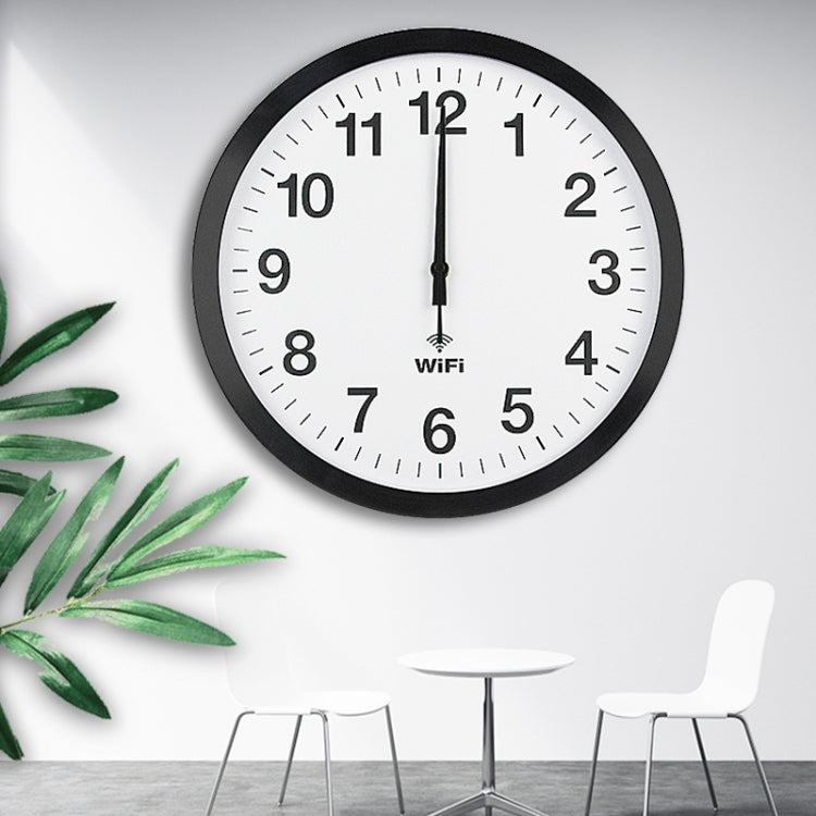 WiFi wall clock with black rim, white face, and black hour and minute hands