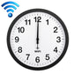 Black WiFi wall clock with white dial and black frame, black hour and minute hands