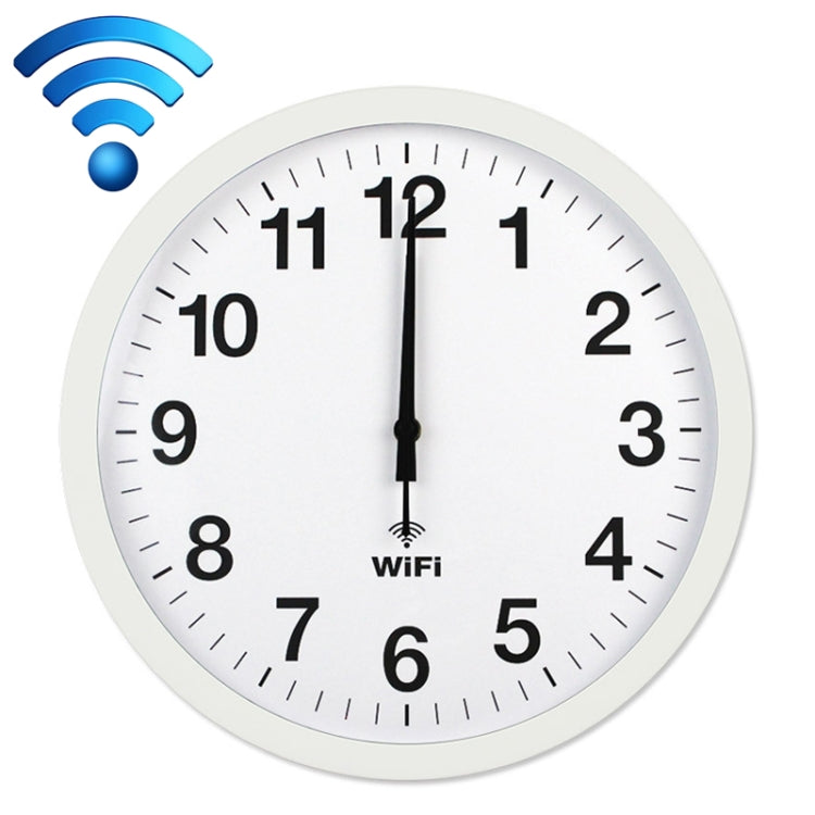 White WiFi wall clock with white dial, light frame, and black hour and minute hands