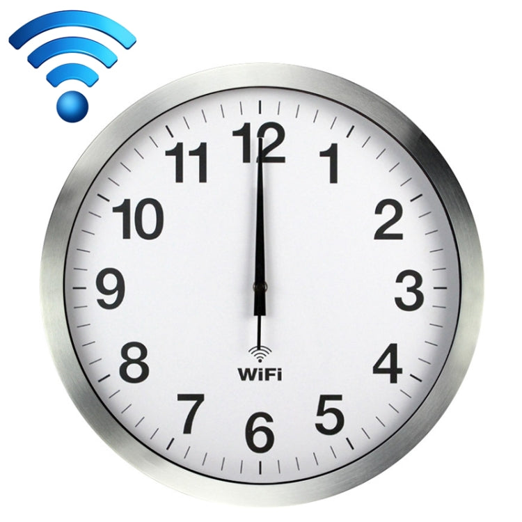Silver WiFi wall clock with white dial, metallic frame, and black hour/minute hands