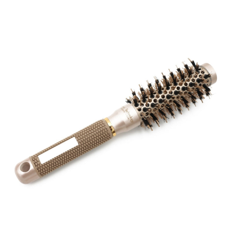 Round ceramic hair styling brush with black nylon bristles and beige-gold handle