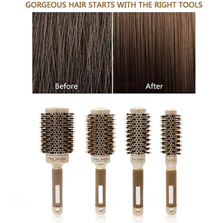 Set of round ceramic hair brushes with black nylon bristles and beige-gold handles