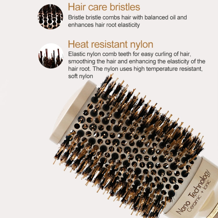 Round ceramic hair brush with heat-resistant nylon bristles and beige-gold barrel