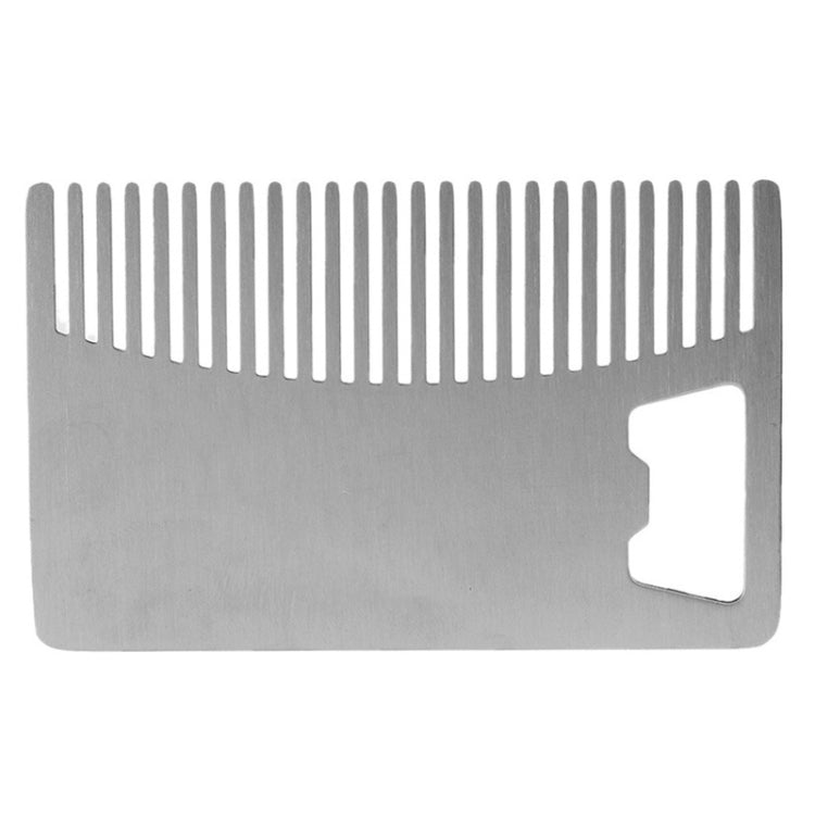 Metal beard comb card with bottle opener cutout, credit-card size