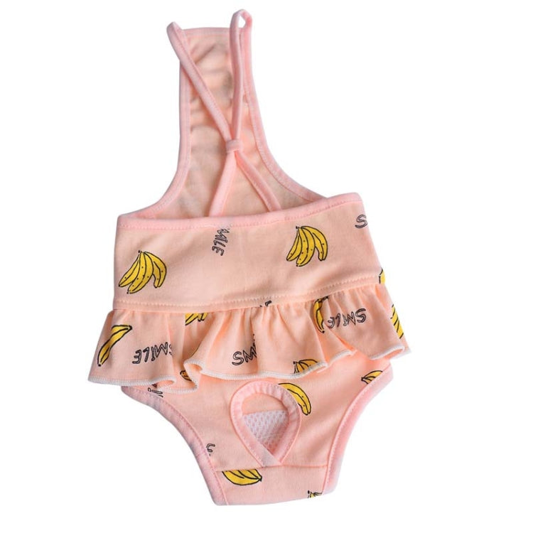 Pink banana-pattern dog pants with adjustable straps and ruffled skirt