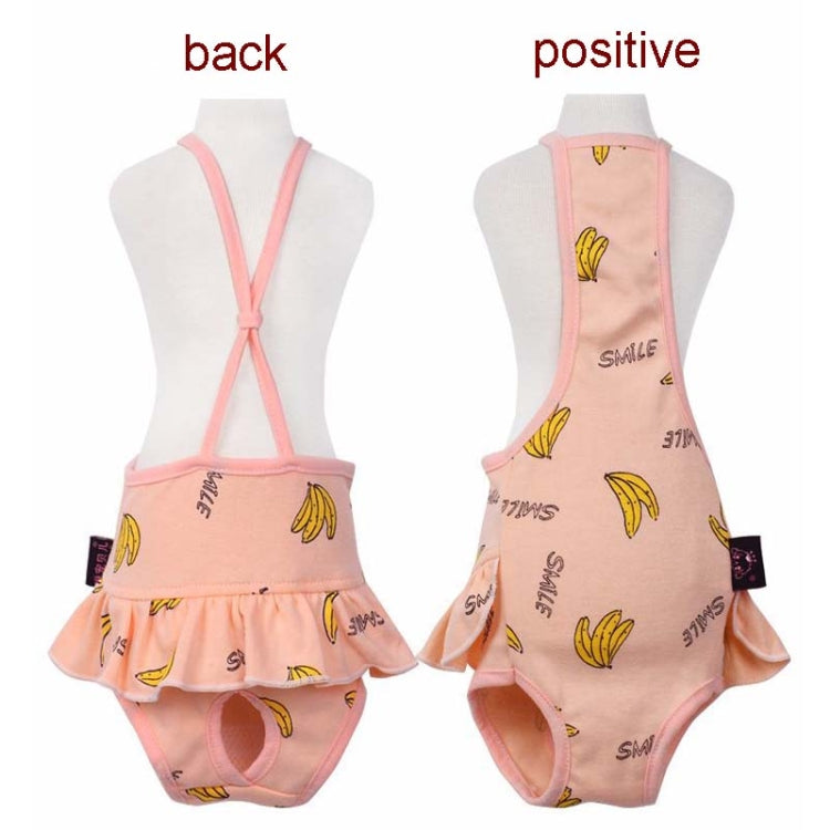 Pink banana-printed dog physiological pants shown front and back on a mannequin
