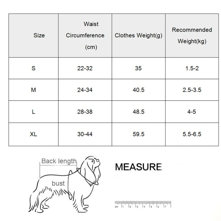 Size chart for banana-printed dog physiological pants: S to XL waist and weight