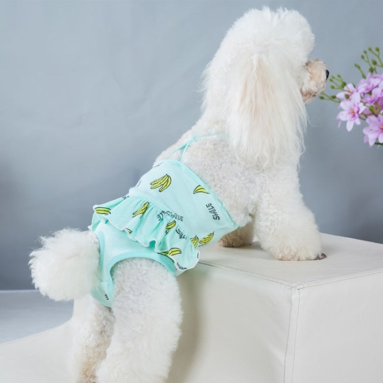 Green banana-printed dog physiological pants with leg openings and straps