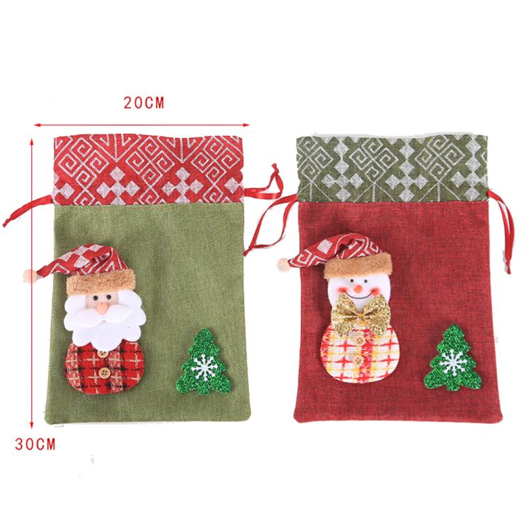 Pair of burlap Christmas gift bags showing sizes 20cm and 30cm, old man and snowman designs