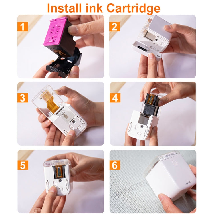 Handheld inkjet printer with ink cartridge installation steps, white body