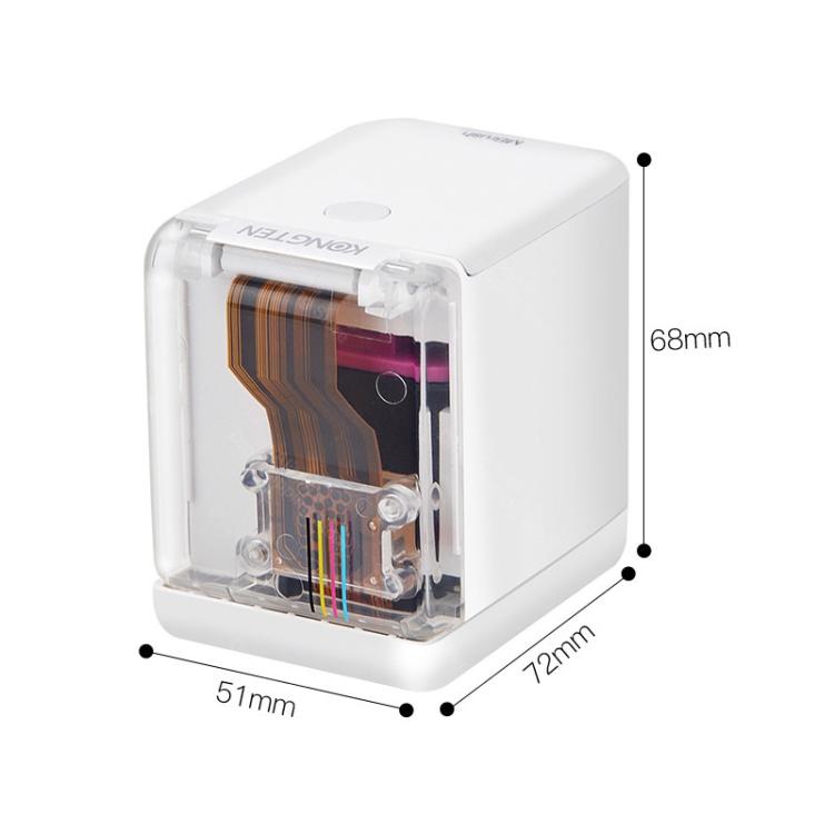 Portable inkjet printer with transparent front module and white housing, compact size
