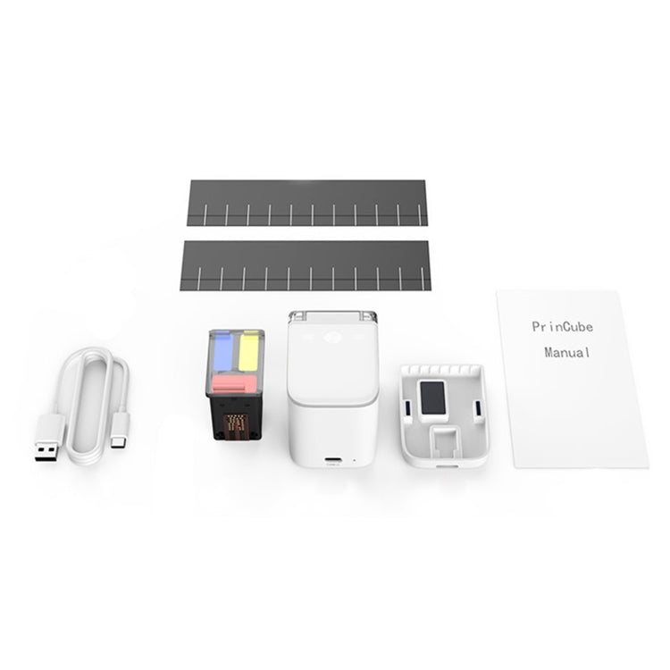 Portable inkjet printer kit with ink cartridge, USB cable, and accessories, white