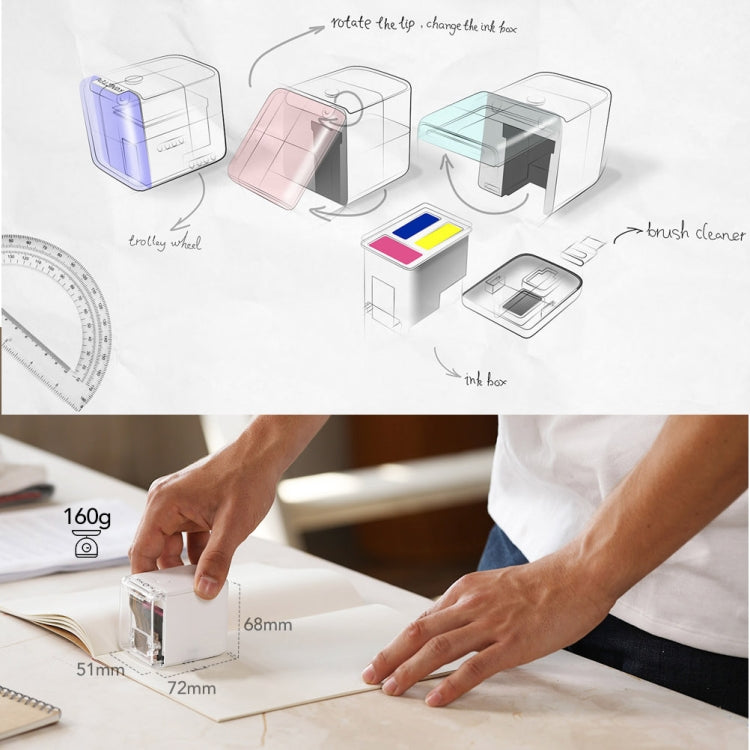 Portable color inkjet printer with open parts and ink cartridge, shown with setup steps