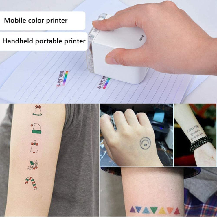 Handheld portable color printer producing prints, shown with example designs