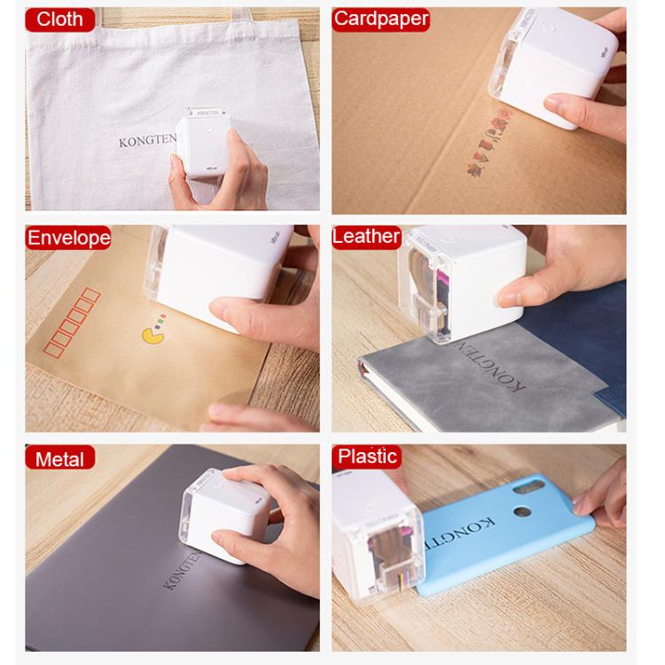 Handheld portable color printer shown printing on multiple materials