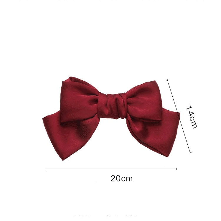 Wine red satin bow hairpin, measured layout: 20cm wide and 7cm accent