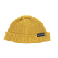 Yellow knitted beanie hat with ribbed brim and pom top, one-size, branded label.