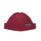 Red wine knitted beanie hat with ribbed brim and pom top, one-size, branded label.