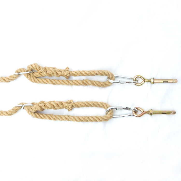 Two tan rope swing connectors with metal hooks and carabiner rings