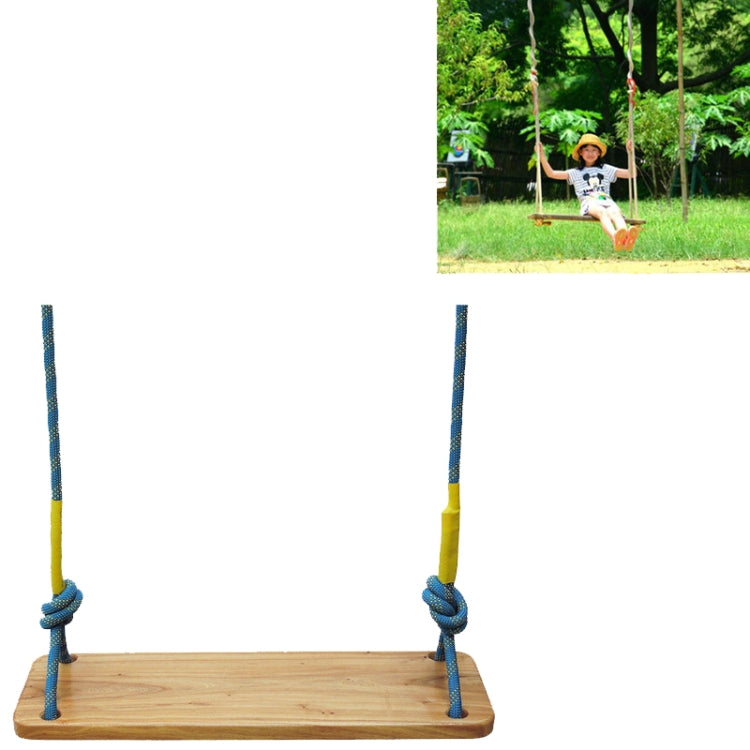 Wooden swing seat with two blue ropes and yellow rope sections, with hanging knots