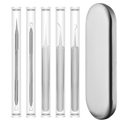 Stainless steel acne extraction tool set with five clamp tools and storage case
