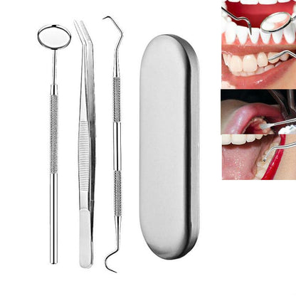 Dental tartar tool set with three stainless steel tools and oval silver case