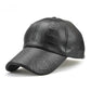 Black PU leather baseball cap with embossed front logo on the crown.