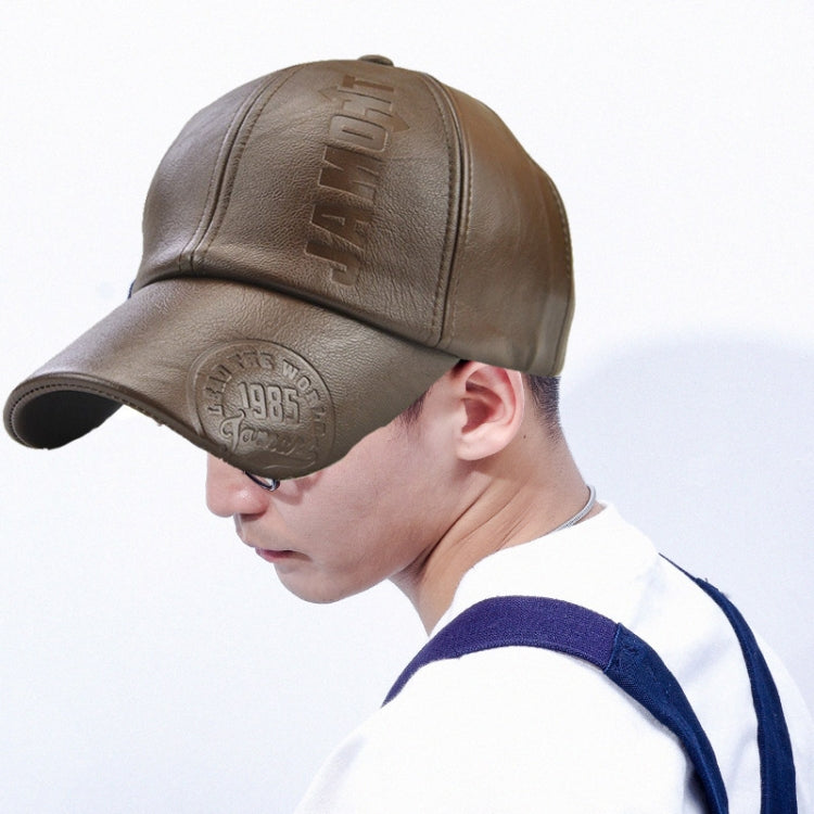 Light coffee PU leather baseball cap with embossed front logo and curved brim.