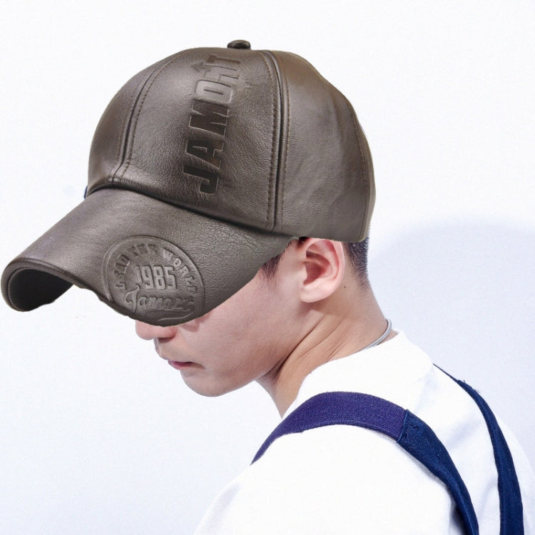 Dark coffee PU leather baseball cap with embossed front logo and curved brim.