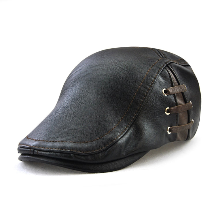 Black PU leather peaked cap, side view with lace-up strap and metal eyelets.