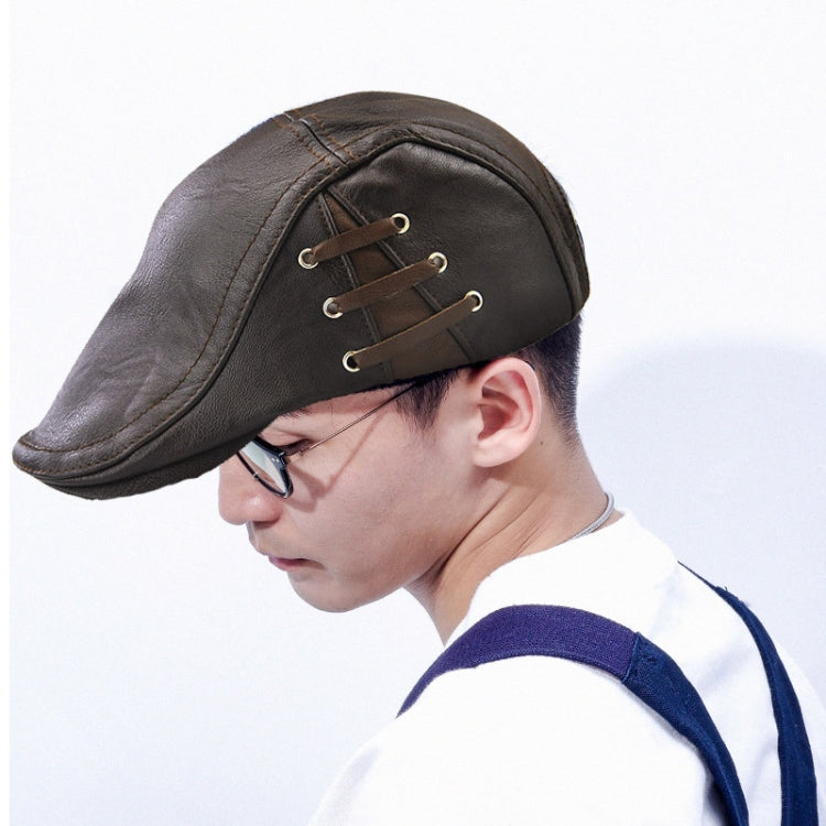 Dark coffee PU leather peaked cap with lace-up strap and metal eyelets, one size.