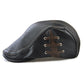 Black PU leather peaked cap with lace-up strap and contrast stitching, one size.
