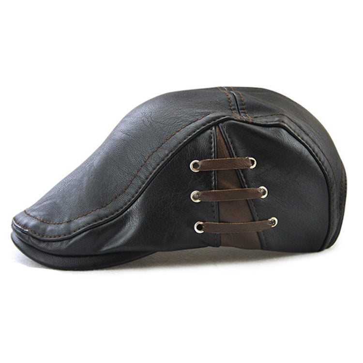 Black PU leather peaked cap with lace-up strap and contrast stitching, one size.